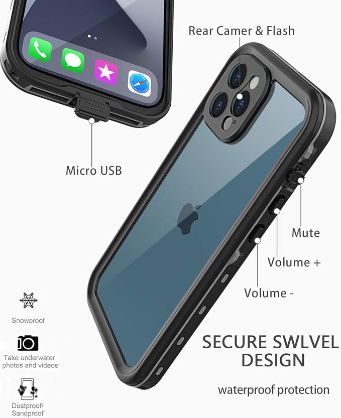 for iPhone 12 Pro Max Waterproof Case 6.7'' - Shockproof, Dustproof, with Screen Protector - Black