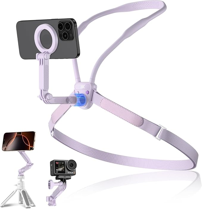 JJC Magnetic Neck Mount for Phone & Action Camera, POV Neck Holder for iPhone 17-12 Series Android Phones Gopro Insta360 with Quick Release & Angles Adjustment for Content Creating Women-Purple