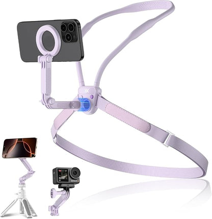 JJC Magnetic Neck Mount for Phone & Action Camera, POV Neck Holder for iPhone 17-12 Series Android Phones Gopro Insta360 with Quick Release & Angles Adjustment for Content Creating Women-Purple
