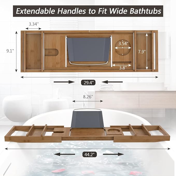 Domax Bathtub Caddy Tray Expandable Bamboo Bath Tub Tray for Luxury Bath with Book Holder Free Soap Dish Brown