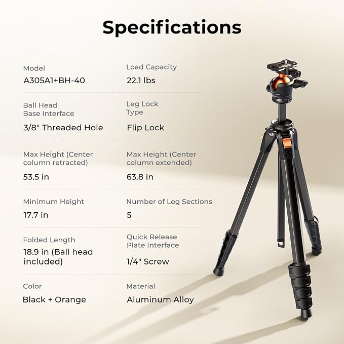 K&F CONCEPT 63" Aluminum Travel Camera Tripod with Arca-Compatible Ball Head, Compact Portable Lightweight Tripod Weighs 2.6 lb, Max Load 22 lb for DSLR Mirrorless Spotting Scope iPhone Teleprompter