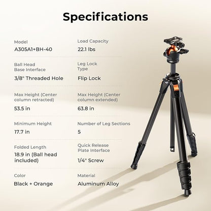 K&F CONCEPT 63" Aluminum Travel Camera Tripod with Arca-Compatible Ball Head, Compact Portable Lightweight Tripod Weighs 2.6 lb, Max Load 22 lb for DSLR Mirrorless Spotting Scope iPhone Teleprompter