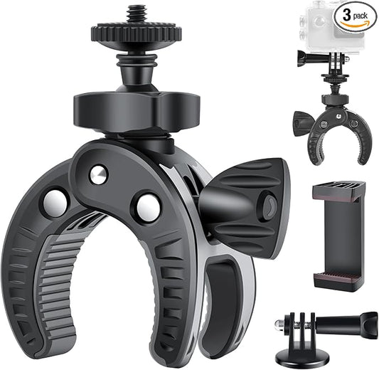 UTEBIT Camera Mount Clamp with 360° Rotataion 1/4 Screw Head + Cell Phone Tripod Mount and Adapter Mount Compatible for Gopro Action Cam Bike Motorcycle Handlebar