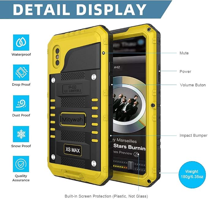 Mitywah Heavy Duty Military Armor Metal Case for iPhone Xs MAX, Waterproof, Shockproof, Dustproof, Rugged, Yellow
