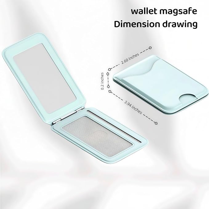 Upgraded for Magsafe Wallet, Strong Magnetic Phone Wallet with Adjustable Stand, Built in Makeup Mirror, 5 Card Holder, Rfid Blocking (Cyan fold)
