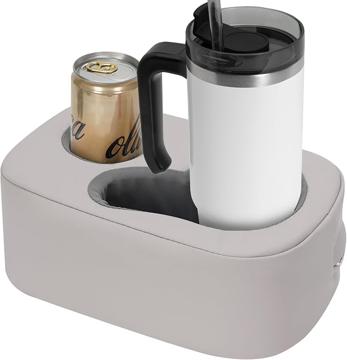 G GOOD GAIN Couch Cup Holder Pillow - Sofa & Bed Organizer Caddy for Drinks, Phones, Remotes, Snacks | Portable Tray for Car, Boat, RV, Picnic,PUGrey
