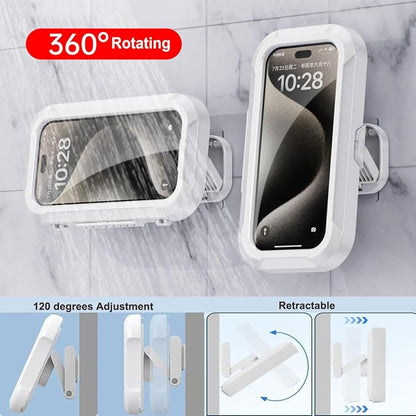 Shower Phone Holder Waterproof, 480°Rotation Wall Mount Shower Phone Case, HD Touch Screen Waterproof Phone Holder for Bathroom Bathtub Kitchen, Fit 4-7" Phone (White)
