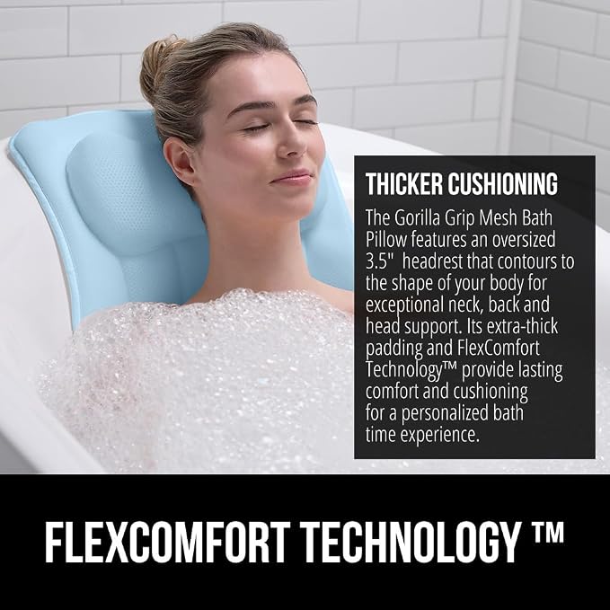 GORILLA GRIP Bath Pillow for Tub, 6 Strong Suction Cups, 4D Mesh FlexComfort Headrest for Neck, Head and Back Support, Luxury Machine Washable Pillows, Bathtub Accessories, Spa Gifts for Women, Blue