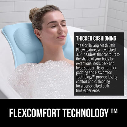 GORILLA GRIP Bath Pillow for Tub, 6 Strong Suction Cups, 4D Mesh FlexComfort Headrest for Neck, Head and Back Support, Luxury Machine Washable Pillows, Bathtub Accessories, Spa Gifts for Women, Blue