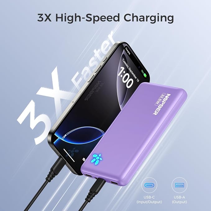 Portable Charger 10000mAh Ultra Slim Power Bank Lightweight Pocket-Sized Design 22.5W Output for iPhone 16/15/14 Samsung Galaxy Android Devices Travel Essentials（Purple）