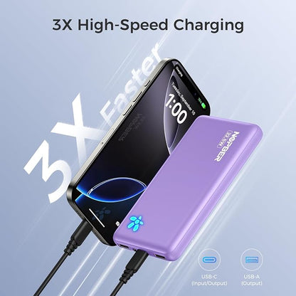 Portable Charger 10000mAh Ultra Slim Power Bank Lightweight Pocket-Sized Design 22.5W Output for iPhone 16/15/14 Samsung Galaxy Android Devices Travel Essentials（Purple）