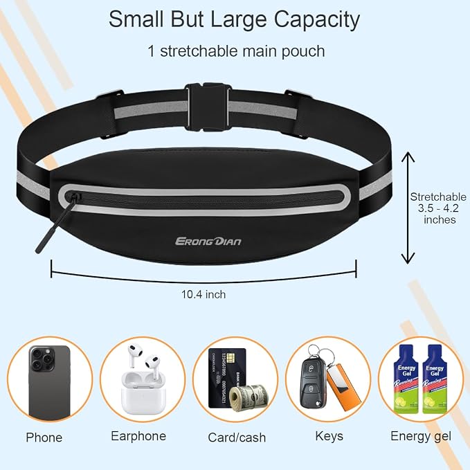 Slim Running Belt for Men, Water Resistant Fanny Pack for Women, Cell Phone Holder for Running Walking Cycling, Adjustable No Bounce Running Waist Pack for iPhone 17 16 15 Samsung - Black
