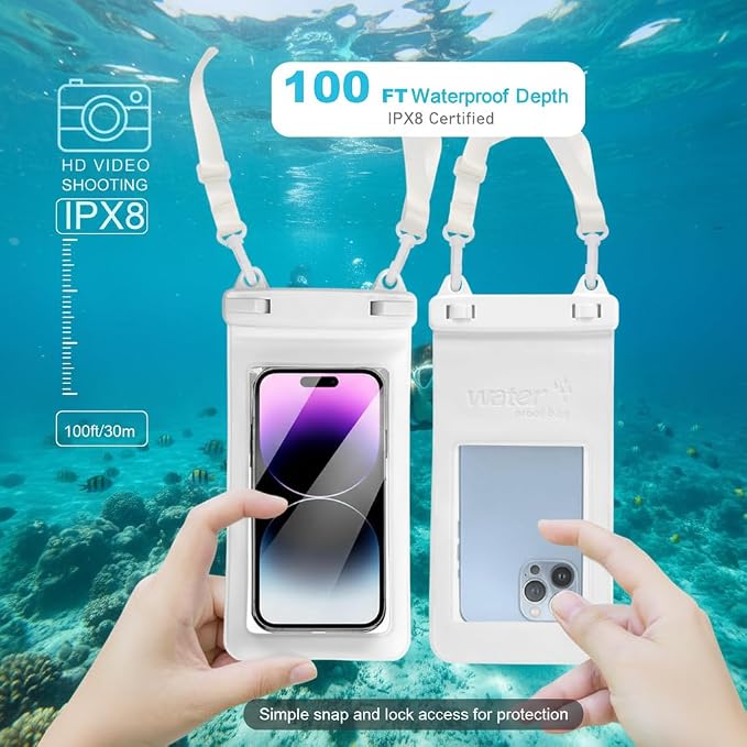 IPX8, 7.4Waterproof Phone Pouch, Universal Fit(iPhone 16 15 14 13 Plus Pro, 12 11 Pro, XR X 8 7 6S Plus SE, Galaxy S25 S24 S23 S20 Series Pixel, Lanyard Included(Purple) 1pack