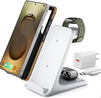 3 in 1 Charging Station for Samsung for Thick Cases of 10MM/Otterbox/Heavy Duty, Wireless Charger for Samsung Galaxy S26 Ultra/S25/S24, Phone Charger Stand for Galaxy Watch and Buds(White)