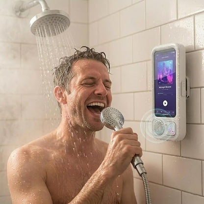 Shower Phone Holder Waterproof with Speaker and Key Control, Wall-Mounted Water Proof Anti Fog Case, Built-In Wireless Speaker, 360° Rotatable, Extendable and Adjustable, Waterproof Screen Touch,White