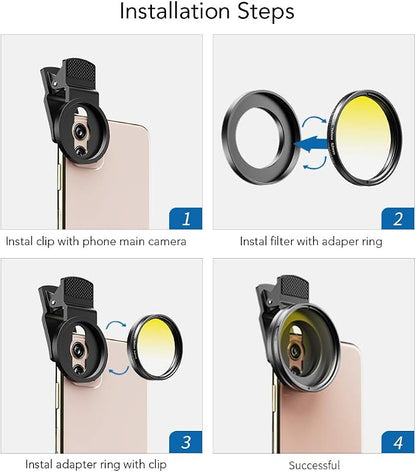 Apexel 52mm Filter Lens Kit (Graduated Filter Lens-Red Orange Yellow Blue, CPL, ND32, Star Lens-6 Point) for Smartphone Camera Canon Nikon Sony Olympus