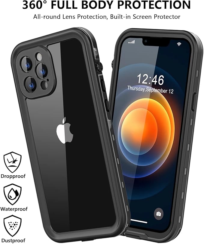 Protebox for iPhone 12 Pro Max Waterproof Case with Built-in Screen Protector, Shockproof Dustproof Full Body Protective IP68 Waterproof Phone Case for iPhone 12 Pro Max 6.7 inch (Black/Clear)
