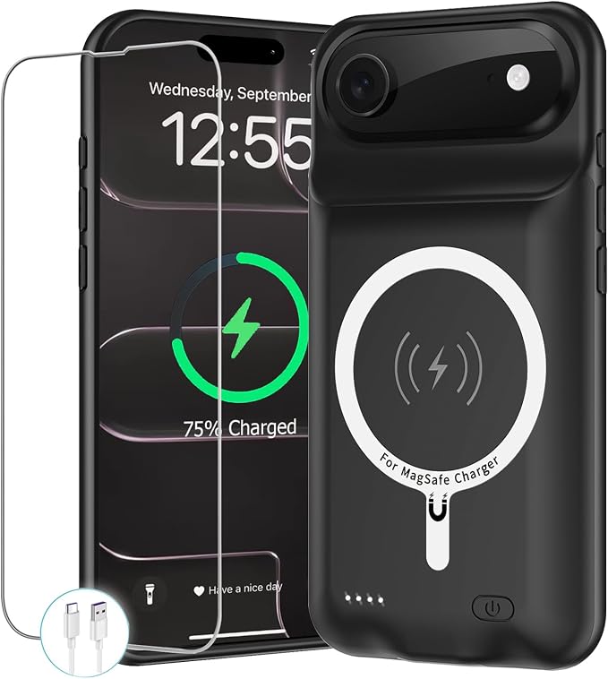 Battery Case for iPhone Air, Upgraded 12000mAh Protective Charging Case with Wireless Charging Compatible with iPhone 17 Air (6.5 inch) Rechargeable Battery Pack Charger Case with Carplay (Black)
