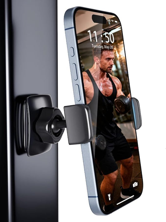 Sunmig Gym Magnetic Phone Holder Mount, Portable 360° Rotatable Powerful Magnet Base Phone Mount for Gym Equipment, Gym Accessories for Women Men, Compatible with 4-7" Smartphones (Black)