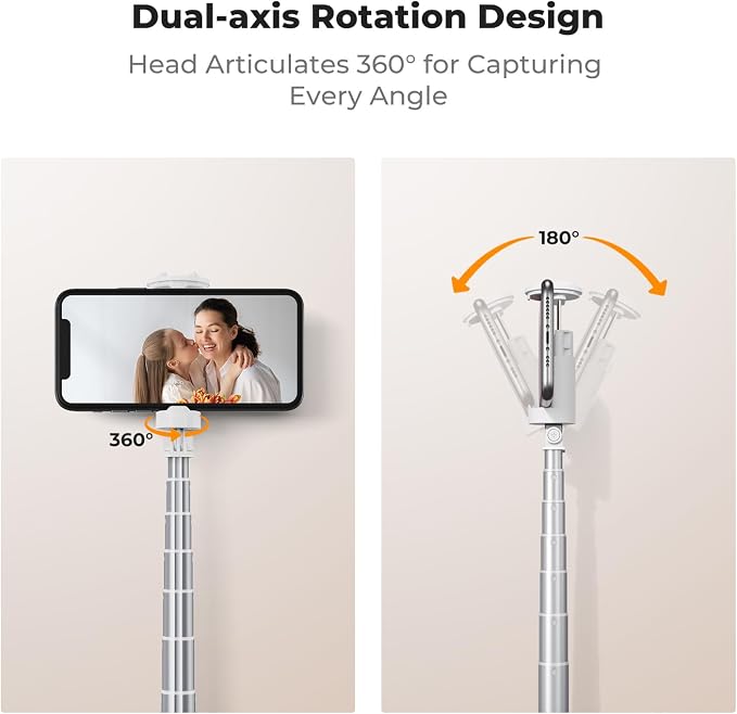 K&F CONCEPT Selfie Stick, Auto Open & Close Phone Tripod Stand, 360° Rotatable Selfie Stick with 9 Button Bluetooth Remote, Extendable Automatic Tripod for Cell Phone(White)
