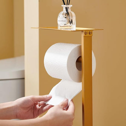 Freestanding Toilet Paper Holder Stand with Storage Tray – Gold Stainless Steel Bathroom Tissue Dispenser, Square Design