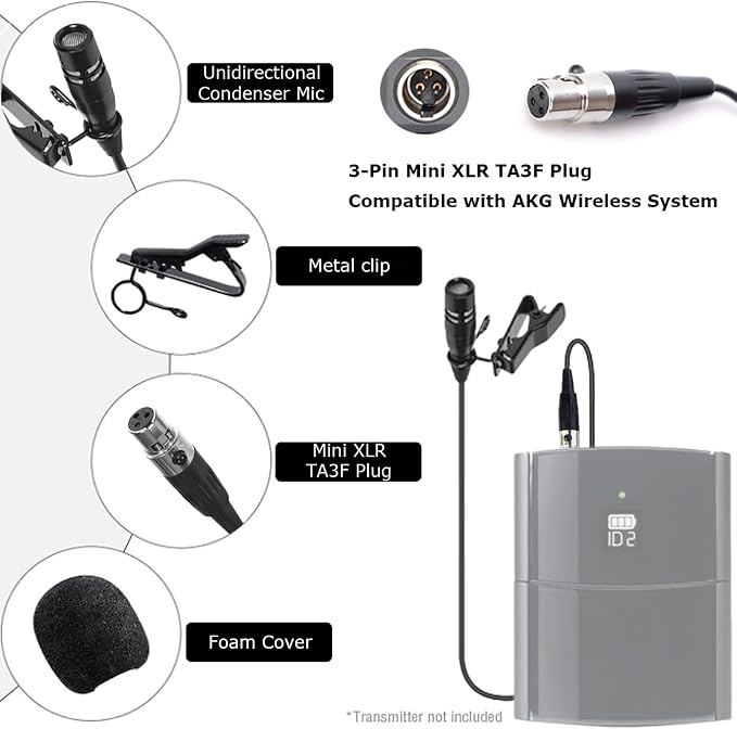 Lavalier Lapel Microphone Unidirectional Condenser Super Cardioid Mic Compatible with AKG Wireless Bodypack Transmitter System with Mini XLR 3 Pin TA3F Plug