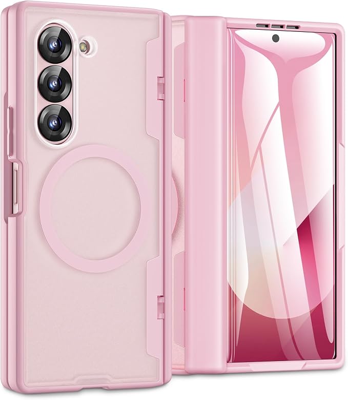 Caka Magnetic for Samsung Galaxy Z Fold 5 Case with Hinge Protection Pink | Compatible with MagSafe, Built-in Outer Screen Protector, Hinge Guard, Translucent Matte Back, 360° Hybrid Drop Defense