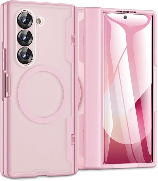Caka Magnetic for Samsung Galaxy Z Fold 5 Case with Hinge Protection Pink | Compatible with MagSafe, Built-in Outer Screen Protector, Hinge Guard, Translucent Matte Back, 360° Hybrid Drop Defense