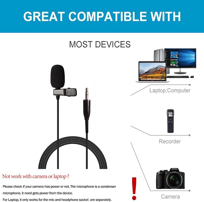 Pro Lavalier Microphone Lapel Microphone 3.5mm (1/8'') TRS Unidirectional Condenser Mic for PC Camera Voice Amplifier Wireless Transmitter, Ideal for Lectures, Podcasts