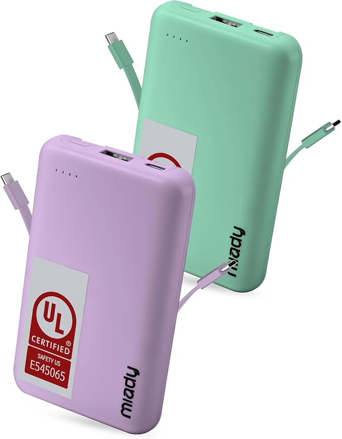 Miady UL Listed 2-Pack Small Portable Charger 5000mAh Power Bank for Travel | 18.5Wh丨Built-in 2 Cables丨3 Outputs 2 Inputs丨Compatible with iPhone Android etc丨Flight-Safe丨for Backpack Campingl丨Green+Purple