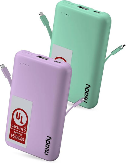 Miady UL Listed 2-Pack Small Portable Charger 5000mAh Power Bank for Travel | 18.5Wh丨Built-in 2 Cables丨3 Outputs 2 Inputs丨Compatible with iPhone Android etc丨Flight-Safe丨for Backpack Campingl丨Green+Purple