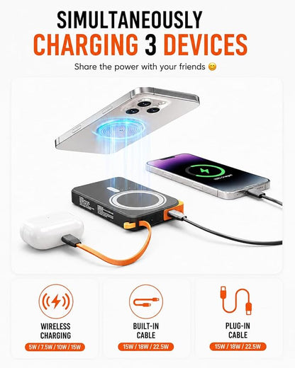 for Magsafe Power Bank iPhone, USB C Magnetic Portable Charger Fast Charging Built in Cable, 10000mAh Wireless Battery Pack for iPhone17/16/15/14/13/12, Travel & Daily Use Essentials Powerbank