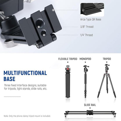 NEEWER Smartphone Tripod Mount Aluminum Alloy, 360° Rotatable Phone Stand Holder Clamp with Cold Shoe and Arca Base Compatible with iPhone 15 Pro Max Galaxy S24 Ultra Pixel & 2.6"-4" Wide Smartphones