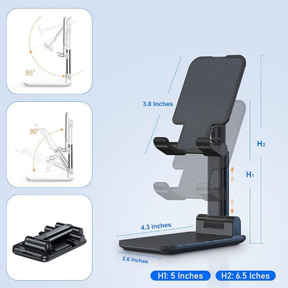 Phone Holder for Desk, MT-6 Cell Phone Stand for Desk Universal Cellphone Stand Holder Foldable & Height Adjustable Compatible Under 8” Device, with Silicone Mat, Black