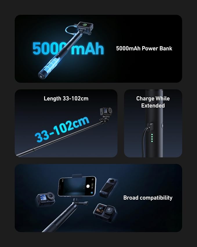 TELESIN Power Grip Selfie Stick for DJI OSMO Namo Action 6 5 Pro 4 3,GoPro Hero 13 12 11,Insta360 X5 X4 Action Camera & Phone, 40.16"Extension Charging Handle Grip, Portable Battery Power Selfie Pole
