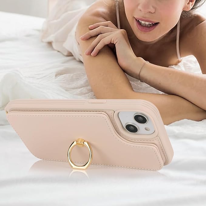 Lipvina for iPhone 14 Plus Case with Card Holder for Women,Phone Case with Strap,Crossbody Lanyard,RFID Blocking,Ring Stand,Snap Clasp,Cute Wallet Cases 6.7 inch (Beige)