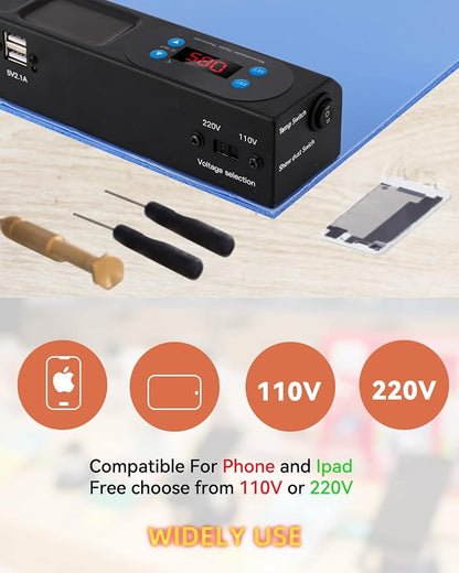 Heating Pad with Built-in Led Light, Fast Heat Plate LCD Screen Separator Machine for Phone Ipad Repair 14.2” Heat Mat Screen Removal Tool with Accessory Storage (110V/220V)