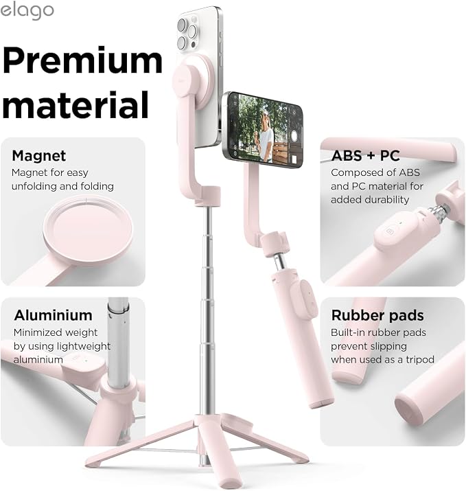 elago Magnetic Selfie Stick Tripod Compatible with MagSafe for iPhone and Galaxy, Strong Magnetism, Portable, Lightweight, Extendable [Pouch, Bluetooth Remote, Guide Sticker Included] [Lovely Pink]