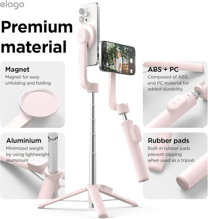 elago Magnetic Selfie Stick Tripod Compatible with MagSafe for iPhone and Galaxy, Strong Magnetism, Portable, Lightweight, Extendable [Pouch, Bluetooth Remote, Guide Sticker Included] [Lovely Pink]
