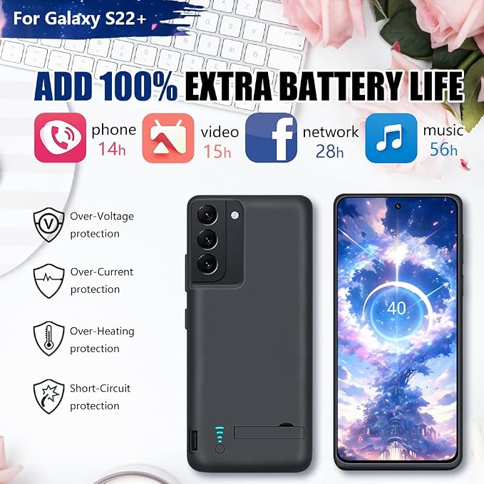 Battery Case for Samsung Galaxy S22+, 5000mAh Rechargeable Extended Battery Charging Charger Case, Add 100% Extra Juice (6.6 Inches) Black