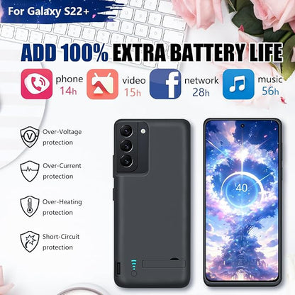 Battery Case for Samsung Galaxy S22+, 5000mAh Rechargeable Extended Battery Charging Charger Case, Add 100% Extra Juice (6.6 Inches) Black