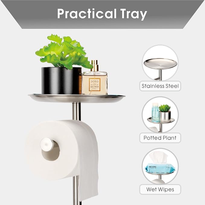 Standing Toilet Paper Holder, TP Holder with Practical Tray On Top for Phone, No Drill No Damage to Wall, Stainless Steel (Brushed Nickel)