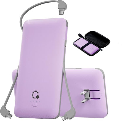 Q 10000mAh Power Bank, Slim Portable Charger,4 Output External Battery Pack with Built-in AC Wall Plug Micro USB C 3 Cables Compatible with iPhone Samsung Android Phone Tablet and More