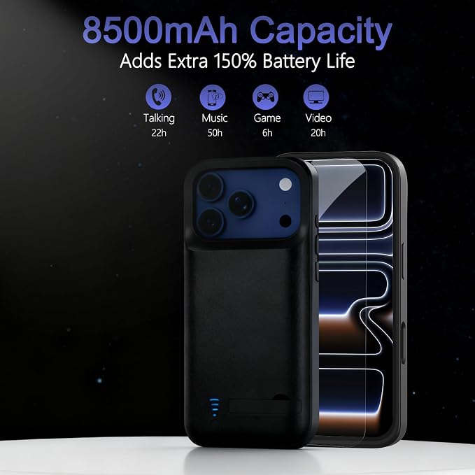 Charging Case for iPhone 17 Pro Max, Real 8500mAh Slim Rechargeable Extended Fast Charger Battery Case, Portable Protective Battery Backpack for iPhone 17 Pro Max(6.9") - Black