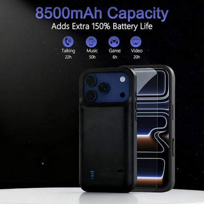 Charging Case for iPhone 17 Pro Max, Real 8500mAh Slim Rechargeable Extended Fast Charger Battery Case, Portable Protective Battery Backpack for iPhone 17 Pro Max(6.9") - Black