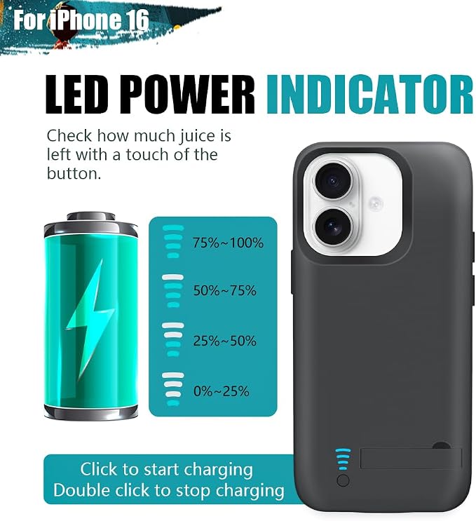 [Upgraded Battery Case for iPhone 16, 5000mAh Rechargeable Extended Battery Charging Charger Case, Add 100% Extra Juice (6.1 Inches) Black