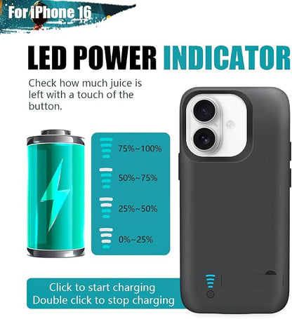 [Upgraded Battery Case for iPhone 16, 5000mAh Rechargeable Extended Battery Charging Charger Case, Add 100% Extra Juice (6.1 Inches) Black