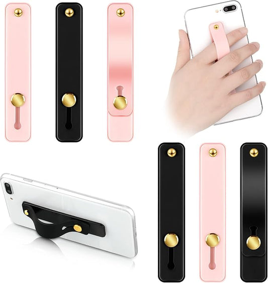 Weewooday 6 Pieces Phone Grip Holder Cell Phone Grip Strap Telescopic Finger Strap Stand Universal Finger Kickstand for Most Smartphones(Black, Pink)