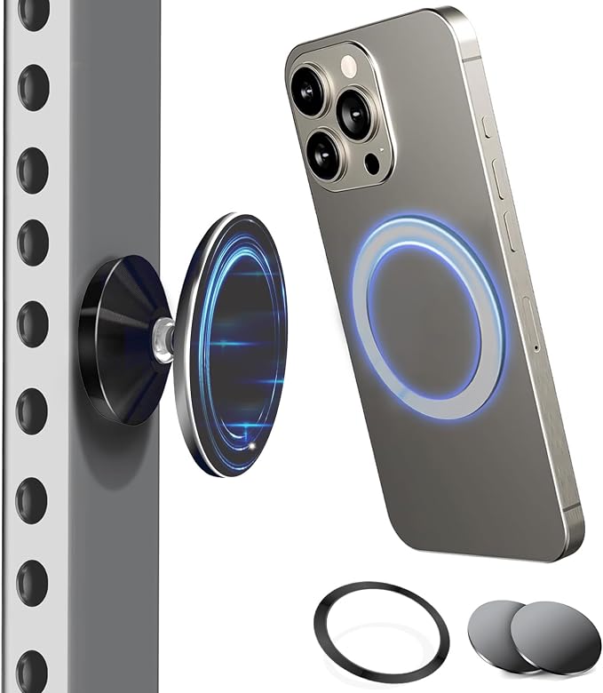 Double Sided Magnetic Phone Holder, 360° Adjustable for Gym and Golf Carts, Strong Magnet, Shoot Hands-Free Videos During Exercise, Compatible with MagSafe Cases & iPhone 17/16/15/14/13 Pro Max Plus