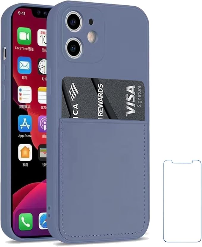 Ultra Slim Liquid Silicon Gel Case Compatible for iPhone 12 mini 5.4 inch 2020 with Card Holder Sleeves Slot Anti-Scratch Shockproof Wallet Cover with Screen Protector (Lavender Grey)